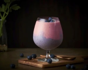 Layered blueberry and berry smoothie in a wide glass, topped with fresh blueberries, on a wooden board with scattered blueberries and a wooden spoon.