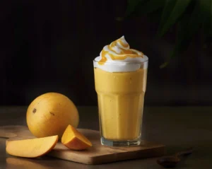 Glass of mango smoothie topped with whipped cream and syrup, alongside fresh mango slices on a wooden board, against a dark background.