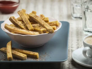 Bowl of golden baked snack sticks seasoned with spices, served on a blue tray with a cup of coffee and glasses of water in the background.