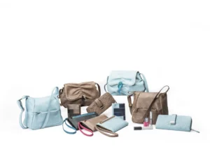 Collection of Baggit handbags and wallets in pastel blue and taupe, featuring crossbody bags, clutches, and accessories, neatly arranged on a white background.