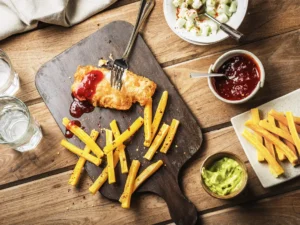 Golden battered fish fillet with red chutney, crispy yellow root fries, guacamole, chutney sauce, and cucumber salad on a wooden table.