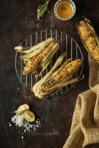 Grilled corn on the cob with char marks, fresh herb garnish, lemon halves, coarse salt, and a bowl of dipping sauce on a rustic dark wooden surface.