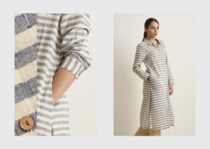 Patrah striped linen shirt dress with neutral hues, classic collar, wooden buttons, long sleeves, and side pockets.