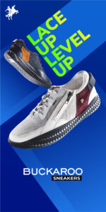 "Buckaroo sneakers in dynamic sports-inspired designs, shown in blue, green, white, and multicolor backgrounds with campaign text 'Lace Up Level Up' for energetic footwear product photography".