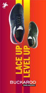 "Buckaroo sneakers in dynamic sports-inspired designs, shown in blue, green, white, and multicolor backgrounds with campaign text 'Lace Up Level Up' for energetic footwear product photography".